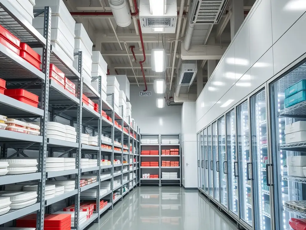 A modern, clean cold room interior with stainless steel shelving, showcasing organized storage of perishable goods, emphasizing temperature control and hygiene.